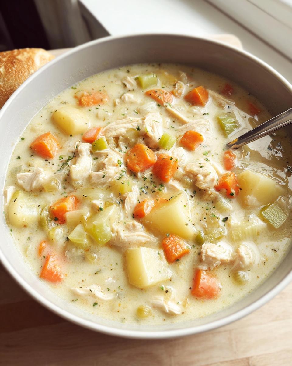 Close-up of a hearty bowl of Easy Creamy Chicken Soup loaded with chunks of chicken, potatoes, carrots, and celery.