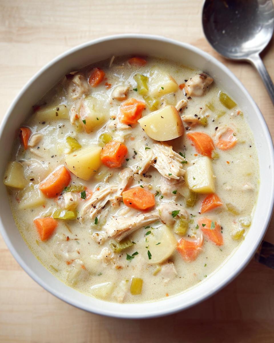 A close-up of a white bowl filled with Easy Creamy Chicken Soup featuring shredded chicken, potatoes, carrots, and celery.