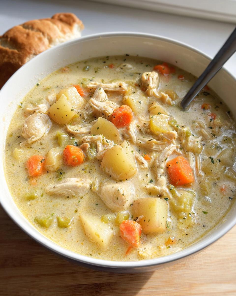 A close-up of a hearty bowl of Easy Creamy Chicken Soup filled with chunks of potato, carrot, celery, and shredded chicken.