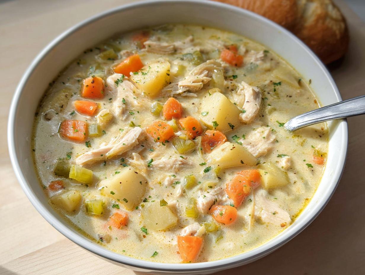 A close-up of a white bowl filled with Easy Creamy Chicken Soup featuring shredded chicken, potatoes, carrots, and celery.
