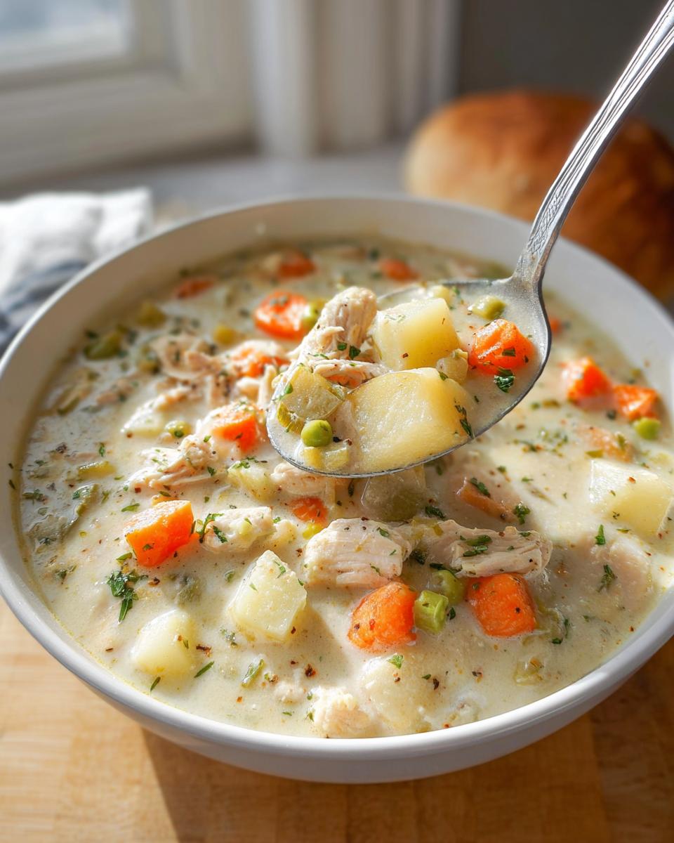 A spoonful of Easy Creamy Chicken Soup filled with chicken, potatoes, carrots, and peas being lifted from a white bowl.