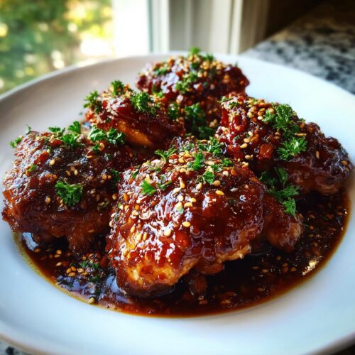 Four pieces of Easy Crockpot Honey Garlic Chicken coated in a thick, glossy sauce and topped with sesame seeds and parsley.