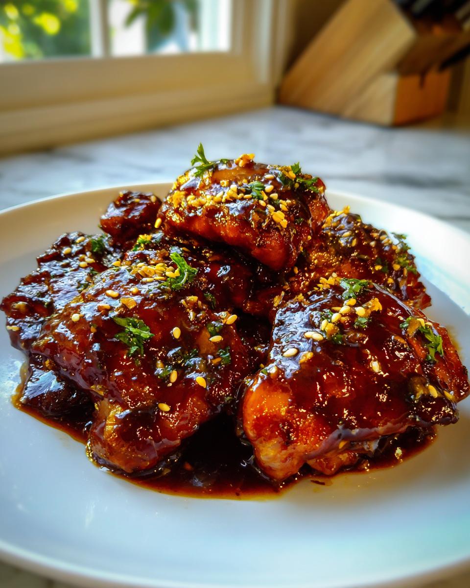 Close-up of sticky, glazed Easy Crockpot Honey Garlic Chicken pieces garnished with sesame seeds and parsley.