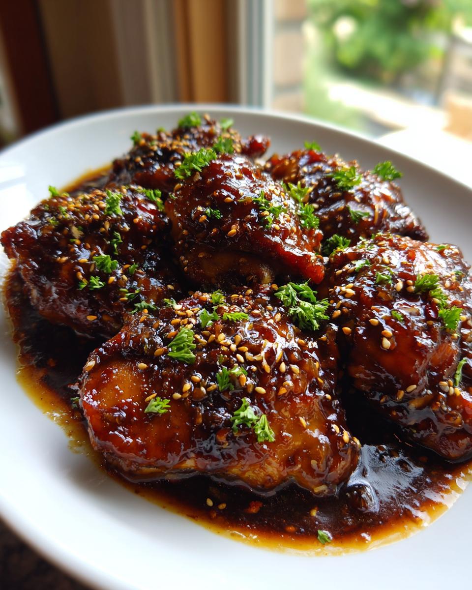 Close-up of glazed Easy Crockpot Honey Garlic Chicken thighs covered in sauce, sesame seeds, and parsley.