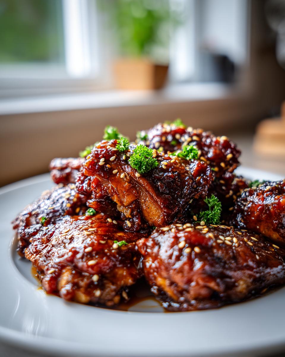 Close-up of saucy Easy Crockpot Honey Garlic Chicken pieces garnished with sesame seeds and parsley.