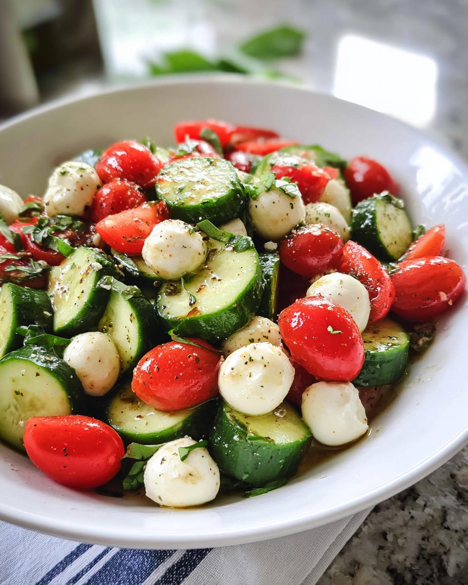A close-up of Easy Cucumber Caprese Salad featuring sliced cucumbers, cherry tomatoes, and mozzarella pearls tossed in dressing.