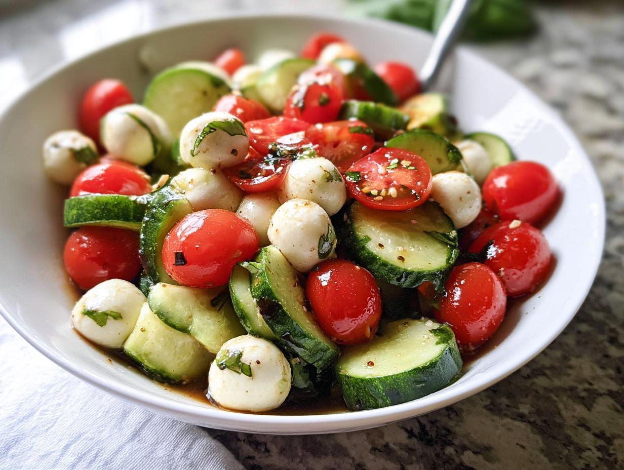 Close-up of Easy Cucumber Caprese Salad featuring sliced cucumbers, cherry tomatoes, and mozzarella balls in a white bowl.