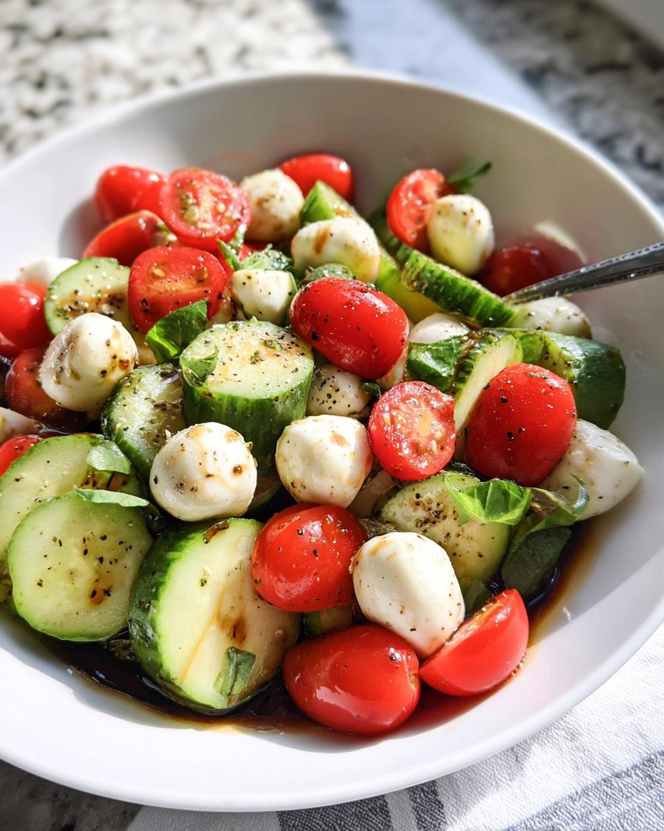 Close-up of Easy Cucumber Caprese Salad featuring cherry tomatoes, mozzarella balls, and cucumber slices drizzled with balsamic.