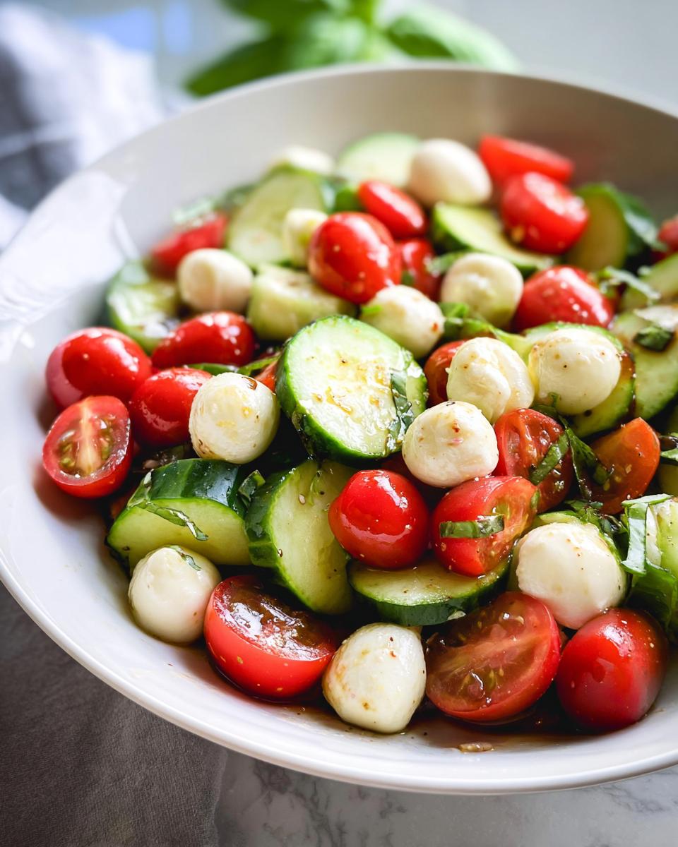 A close-up of Easy Cucumber Caprese Salad featuring sliced cucumbers, cherry tomatoes, and mozzarella balls tossed in dressing.