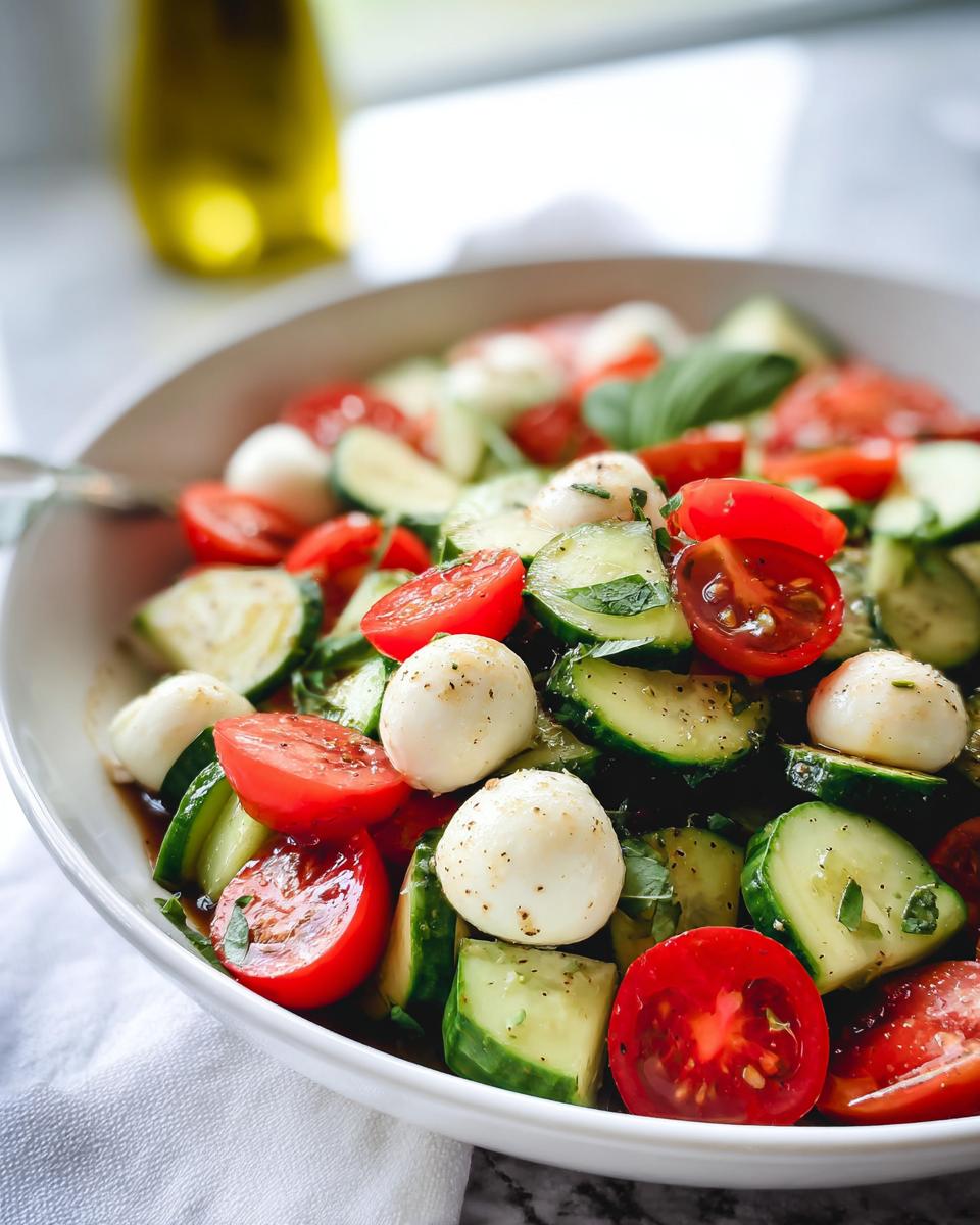 Close-up of Easy Cucumber Caprese Salad featuring cherry tomatoes, sliced cucumbers, and mozzarella balls.