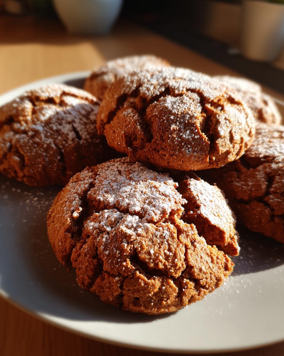 Close-up of soft, crinkled gingerbread cake cookies dusted with powdered sugar, perfect for holiday cookie swap favorites.