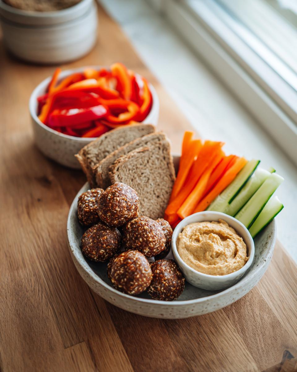 A plate featuring energy balls, hummus, vegetable sticks, and whole-grain bread slices, perfect for Easy Healthy Snack Ideas.