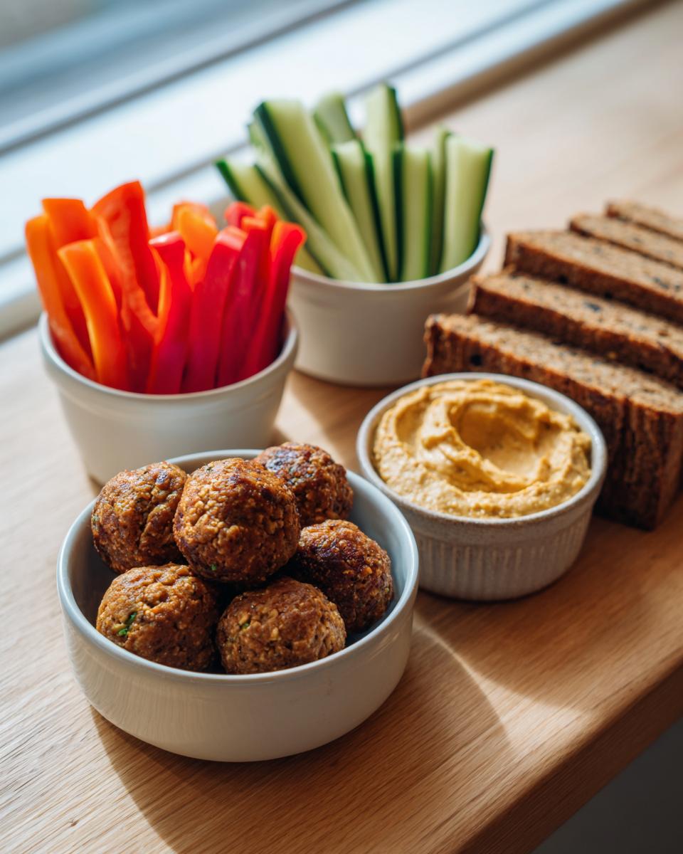 A platter featuring falafel balls, sliced bell peppers, cucumber sticks, hummus, and dark bread slices, perfect for easy healthy snack ideas.