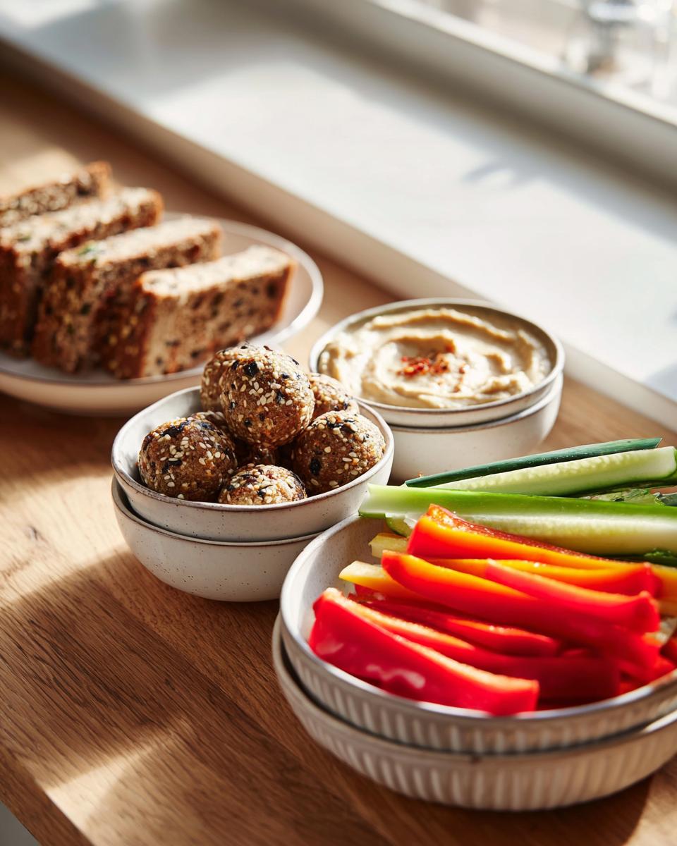 A bright spread featuring various Easy Healthy Snack Ideas: energy balls, vegetable sticks, hummus, and sliced whole-grain bread.