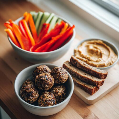A spread of Easy Healthy Snack Ideas including energy bites, sliced bell peppers and cucumbers, hummus, and dark bread slices.