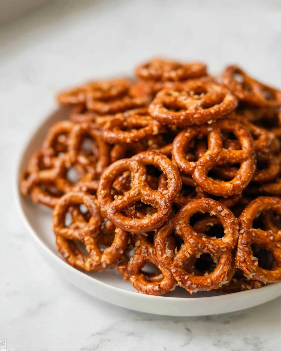 A close-up shot of a white bowl filled with crunchy pretzels, perfect for an easy pretzel snack recipe.