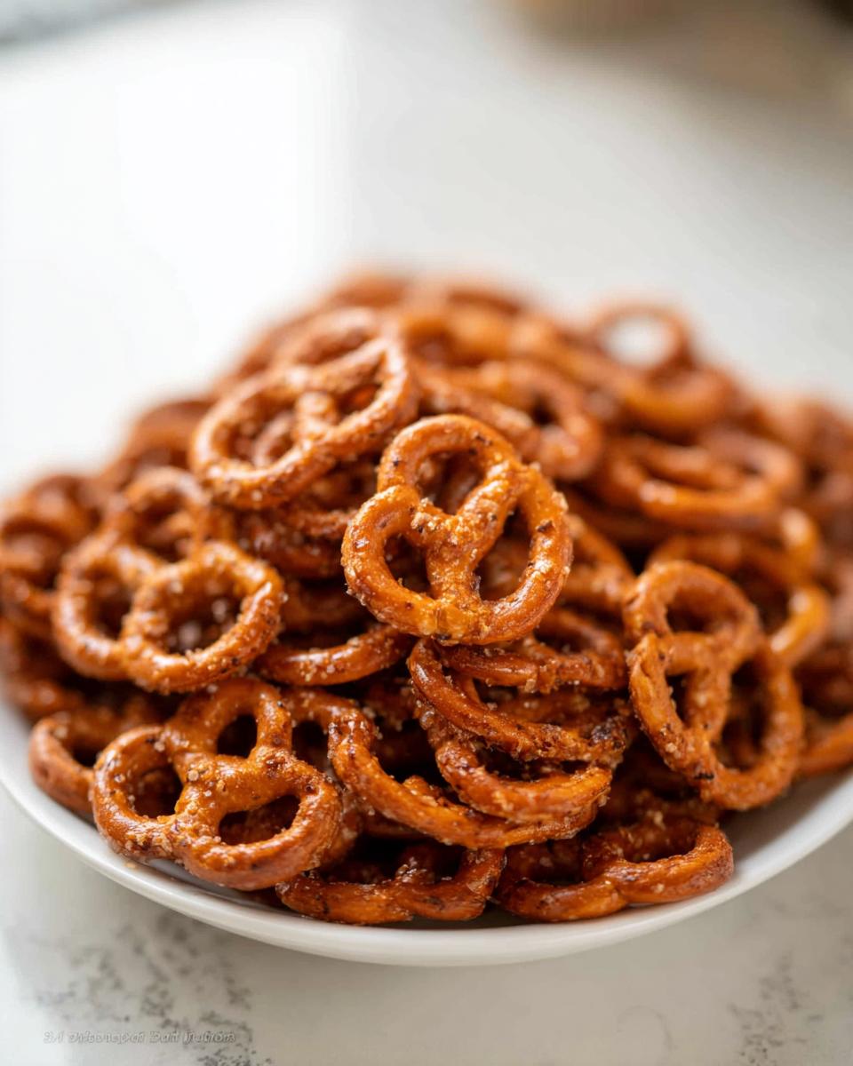 A close-up, overflowing bowl of seasoned pretzels, perfect for an easy pretzel snack recipe.