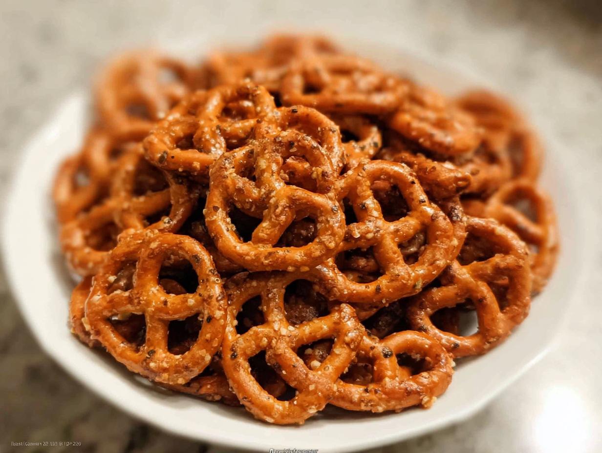 A close-up of a white bowl filled with crunchy pretzels, seasoned with spices, perfect for an easy pretzel snack recipe.