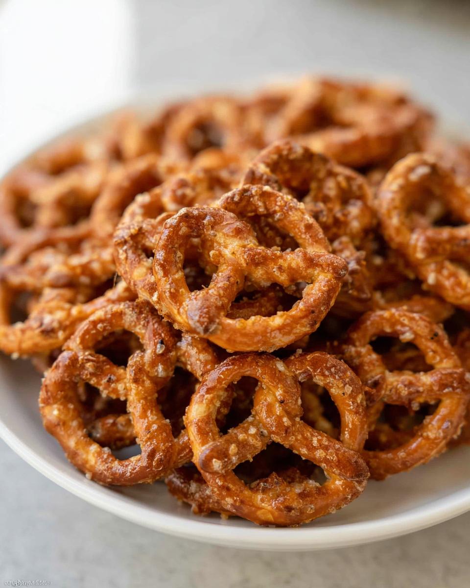 A close-up shot of a white plate filled with crunchy, golden-brown pretzels, perfect for an easy pretzel snack recipe.