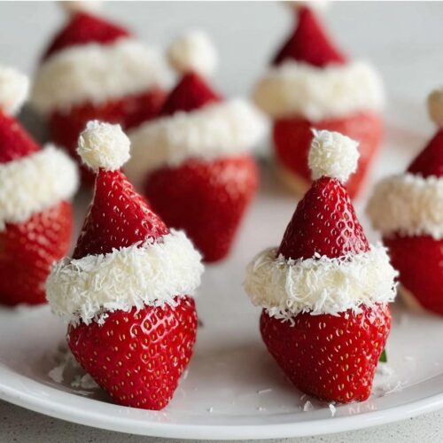 Close-up of Easy Strawberry Santa Snacks, featuring strawberries topped with cream cheese and shredded coconut, resembling Santa hats.