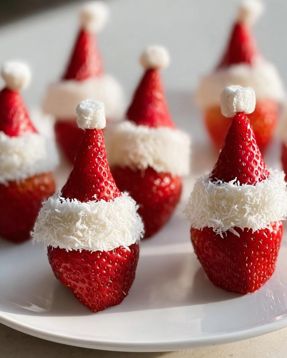 Close-up of Easy Strawberry Santa Snacks, decorated with cream cheese and coconut flakes, resembling Santa hats.