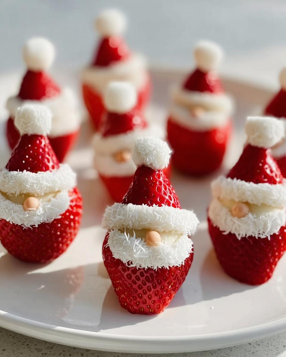 Close-up of Easy Strawberry Santa Snacks, featuring strawberries decorated as Santa Claus with cream and coconut flakes.