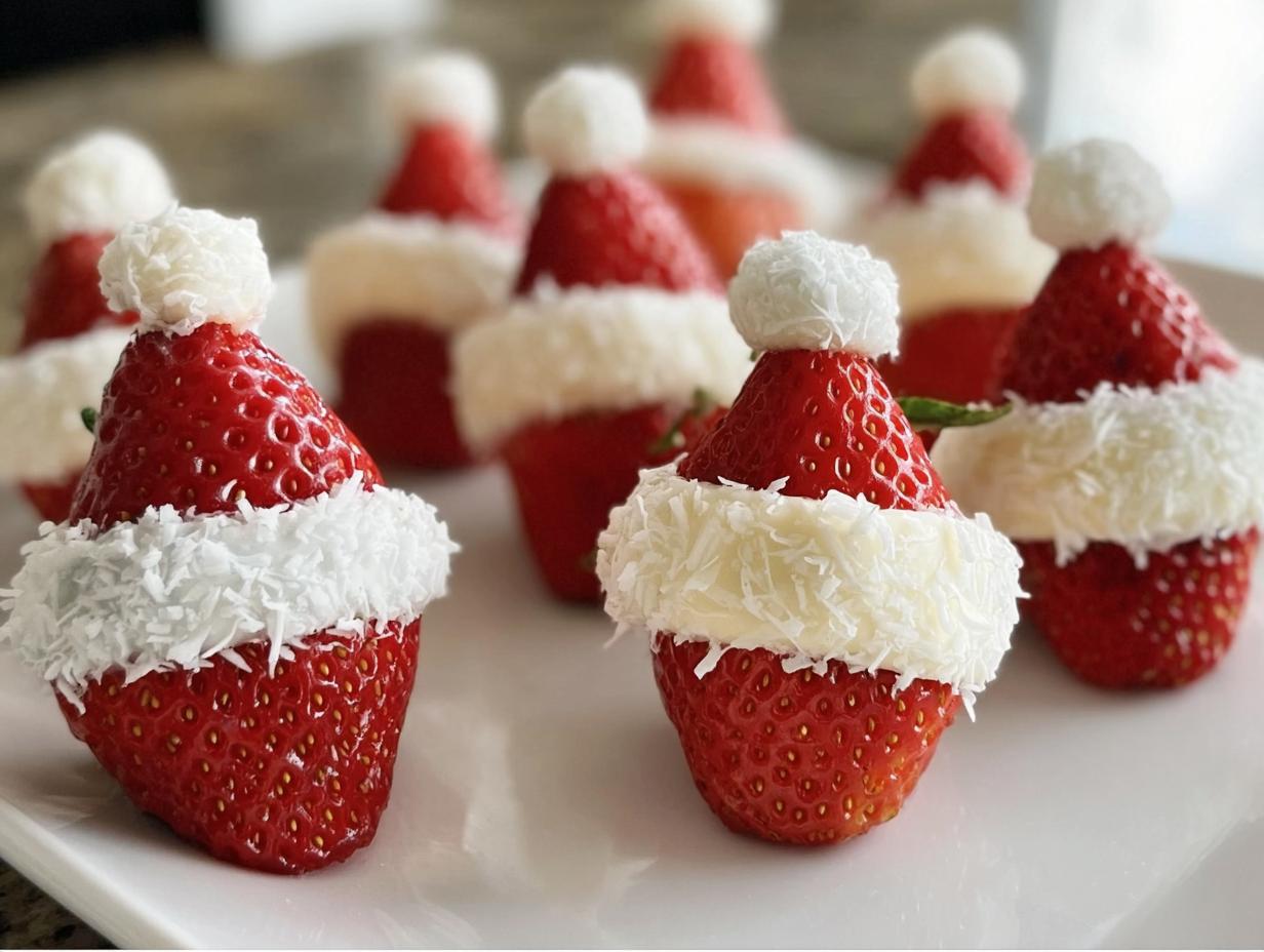 Close-up of Easy Strawberry Santa Snacks decorated with cream cheese and shredded coconut.