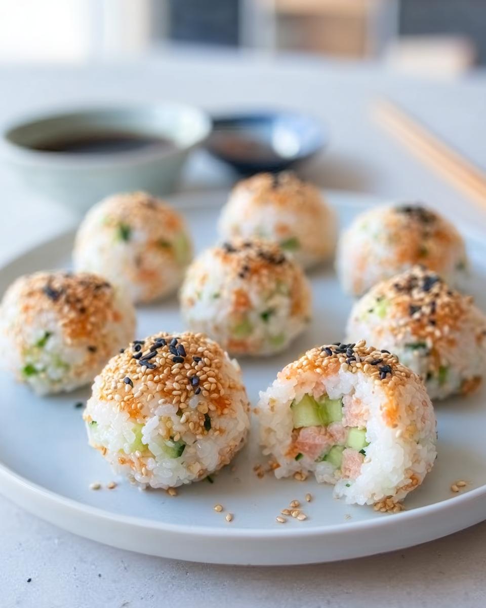 A plate featuring several Easy Sushi Balls Recipe portions, one cut open to show salmon and cucumber filling, topped with sesame seeds.
