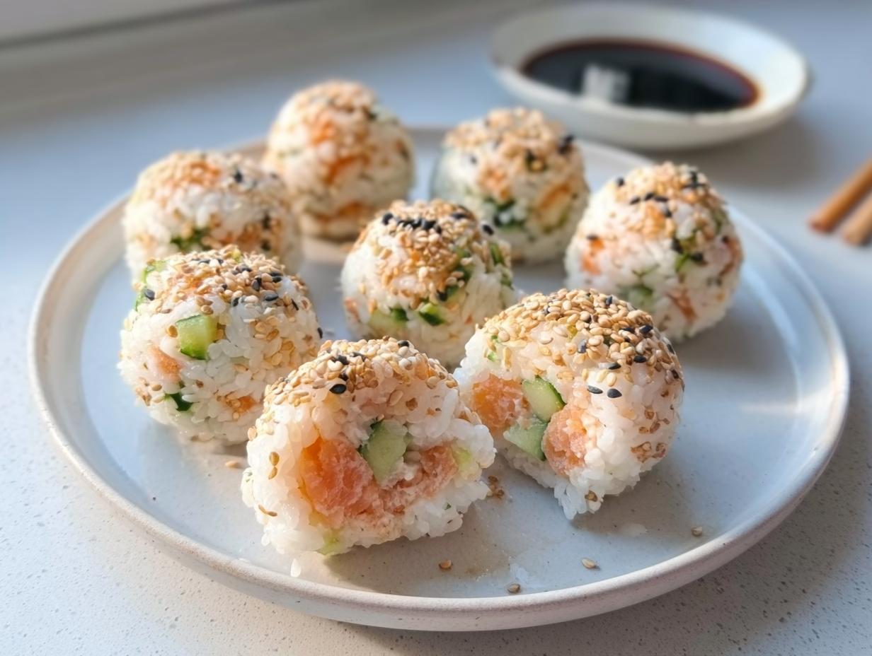 A plate featuring several Easy Sushi Balls filled with salmon and cucumber, topped with toasted sesame seeds.