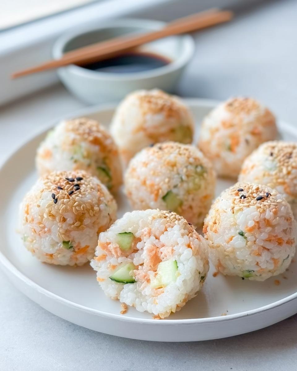 A plate featuring several Easy Sushi Balls recipe portions, garnished with sesame seeds, with one ball cut open showing salmon and cucumber filling.