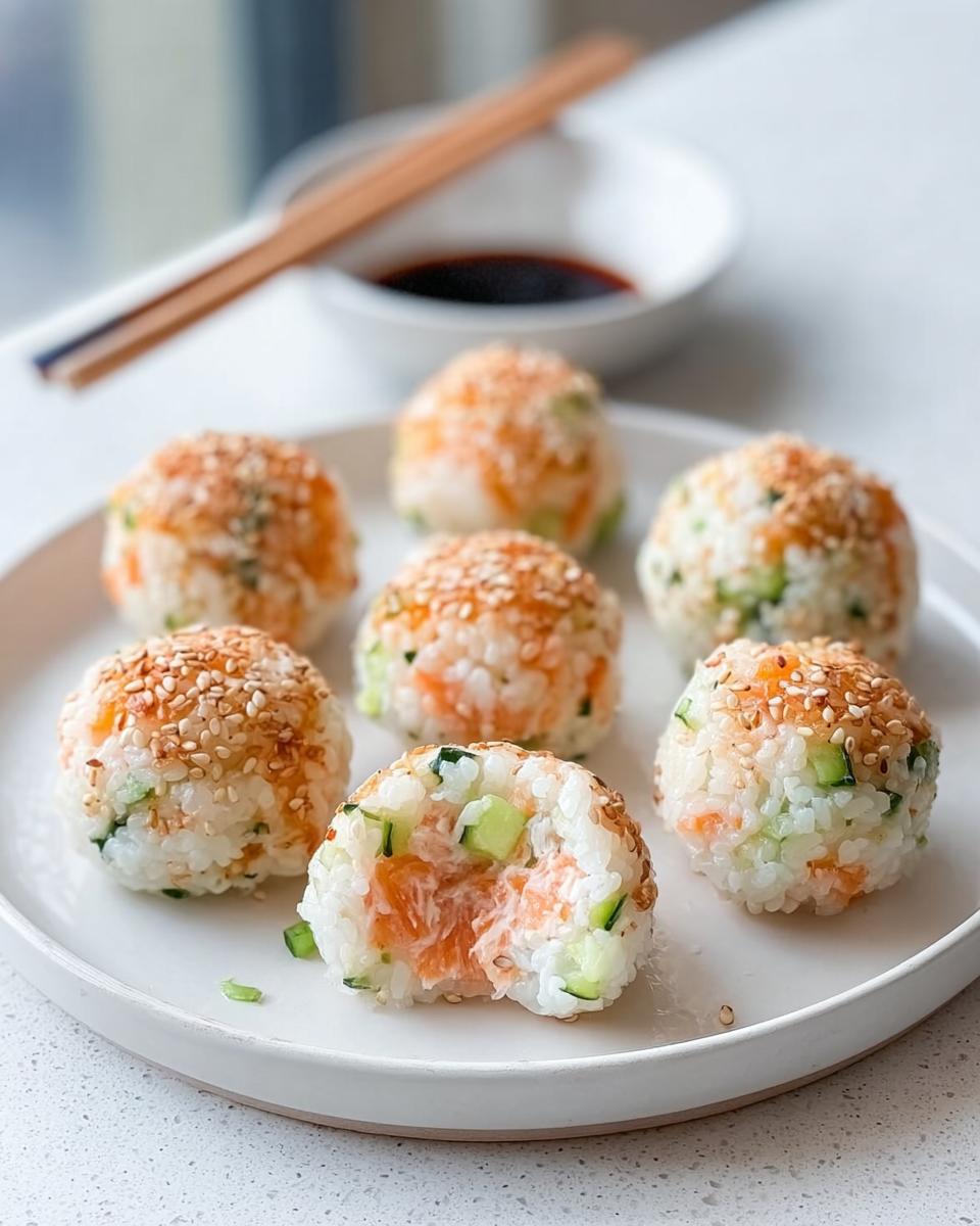 Seven salmon and cucumber sushi balls topped with toasted sesame seeds, one is bitten into, part of an Easy Sushi Balls Recipe.