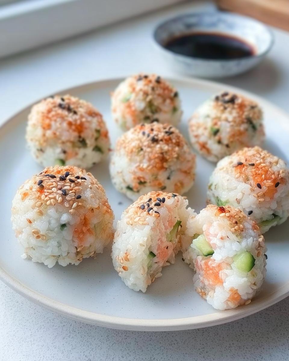 A plate holding several Easy Sushi Balls Recipe portions, garnished with white and black sesame seeds, with one ball broken open.