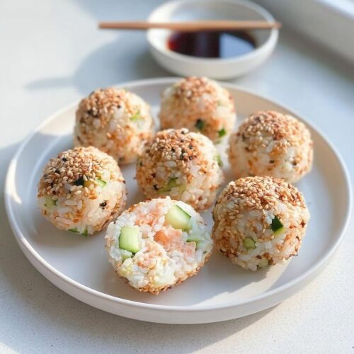 Six sesame-crusted sushi balls on a white plate, one cut open showing salmon and cucumber filling for the Easy Sushi Balls Recipe.