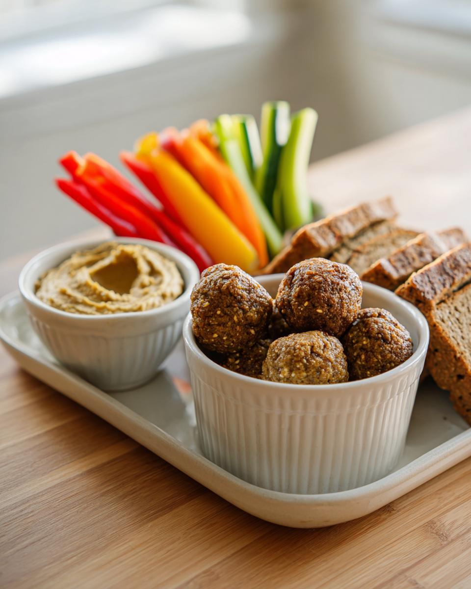A platter featuring falafel balls, hummus, vegetable sticks, and rye bread slices, perfect for Easy Healthy Snack Ideas.