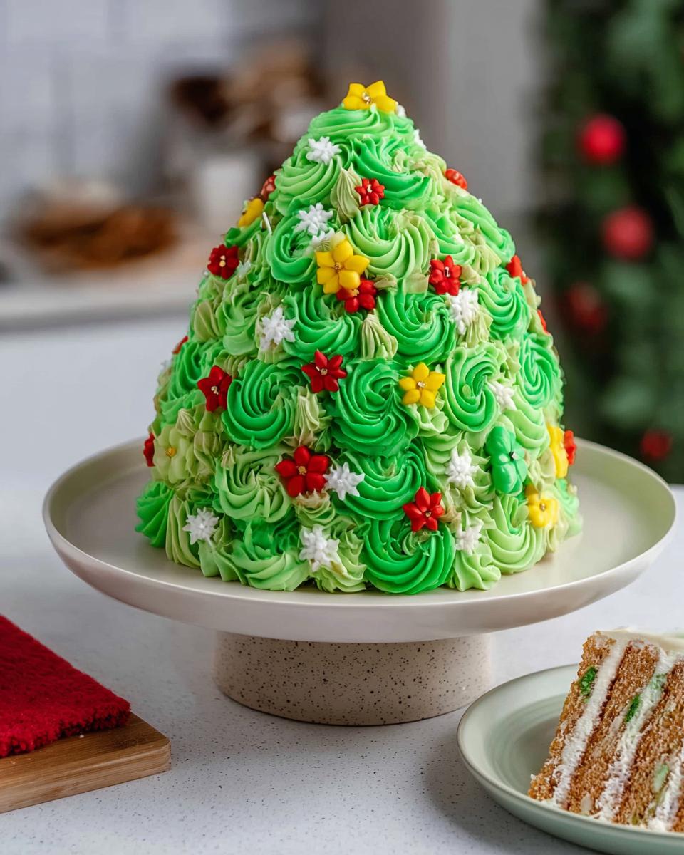 A beautifully decorated Festive Santa & Tree Cake, shaped like a Christmas tree with green frosting swirls and colorful edible flowers.