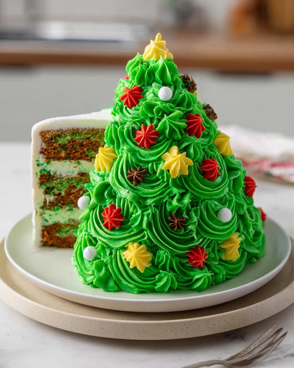 A slice of Festive Santa & Tree Cake showing green frosting decorated like a Christmas tree with red and yellow stars.