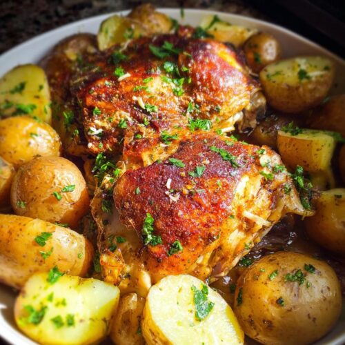 Two pieces of crispy, browned Garlic Parm Chicken Slow Cooker served with small roasted potatoes and garnished with parsley.