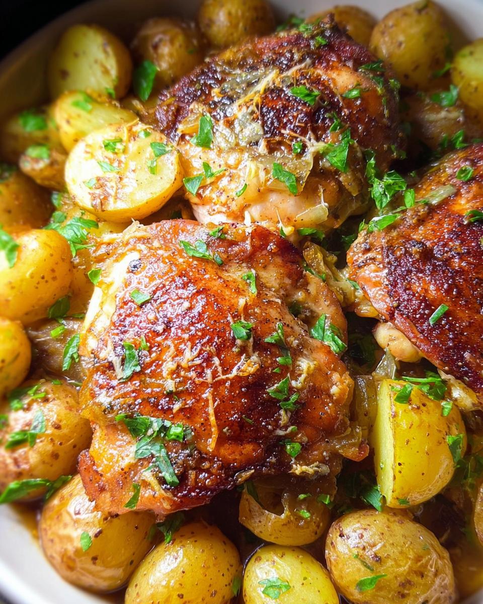Close-up of crispy Garlic Parm Chicken Slow Cooker thighs served with roasted baby potatoes and fresh parsley.