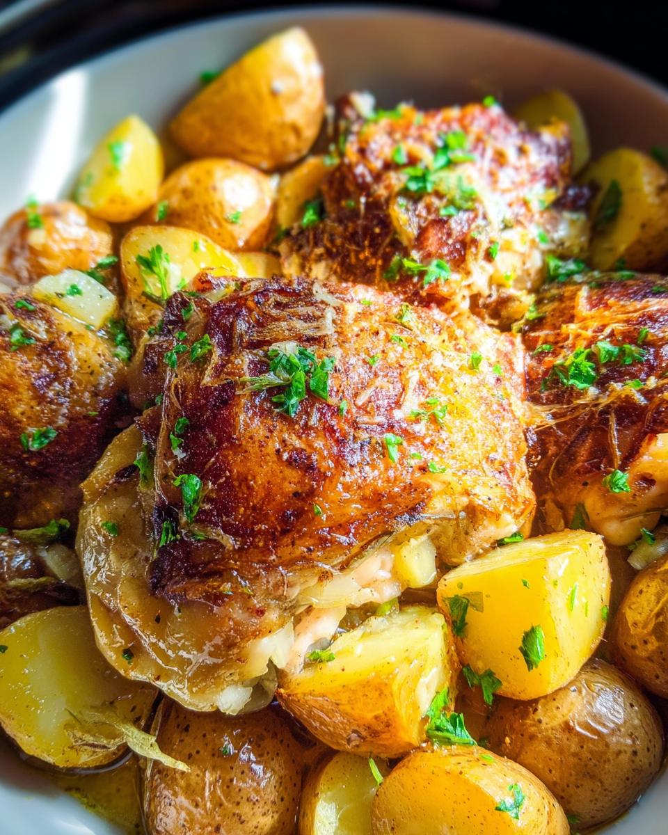 Close-up of juicy Garlic Parm Chicken Slow Cooker thighs served with roasted potatoes and garnished with parsley.