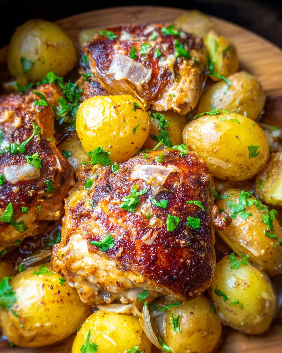 Close-up of juicy Garlic Parm Chicken Slow Cooker thighs surrounded by small roasted yellow potatoes and fresh parsley.