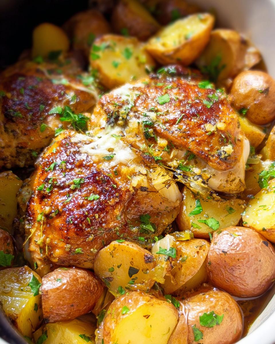 Close-up of browned Garlic Parm Chicken Slow Cooker thighs nestled among roasted small potatoes, garnished with parsley.