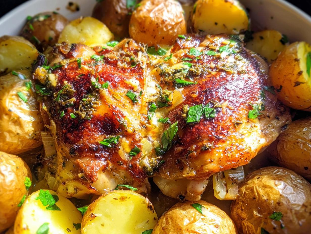 Close-up of juicy Garlic Parm Chicken Slow Cooker thighs surrounded by small roasted potatoes, garnished with parsley.