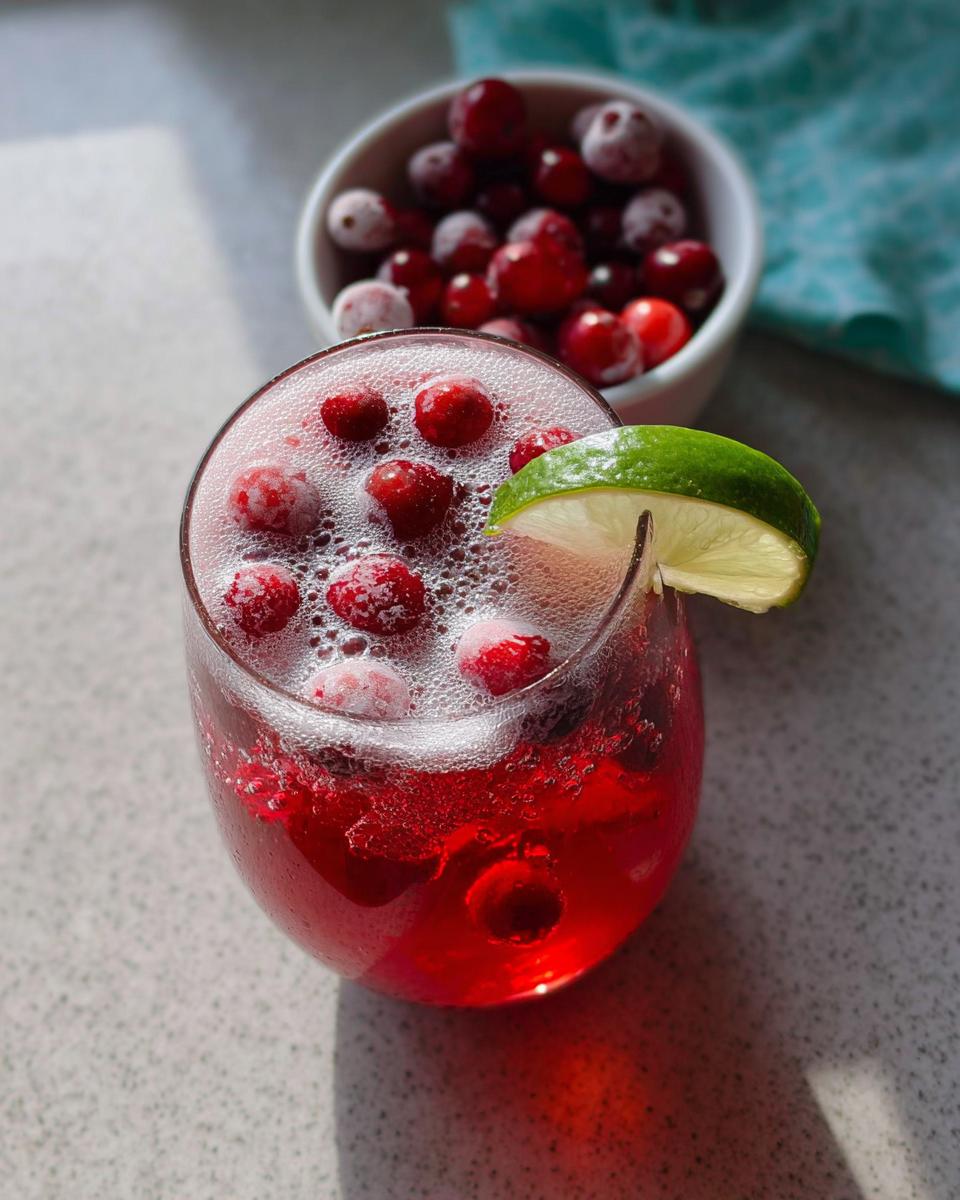 Close-up of a vibrant red Ginger Ale Christmas Punch Recipe garnished with frozen cranberries and a lime wedge.
