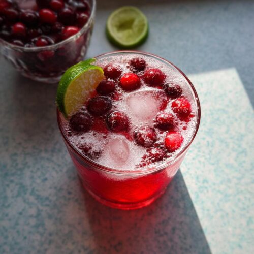 Close-up of a festive drink, the Ginger Ale Christmas Punch Recipe, topped with ice, floating cranberries, and a lime wedge.