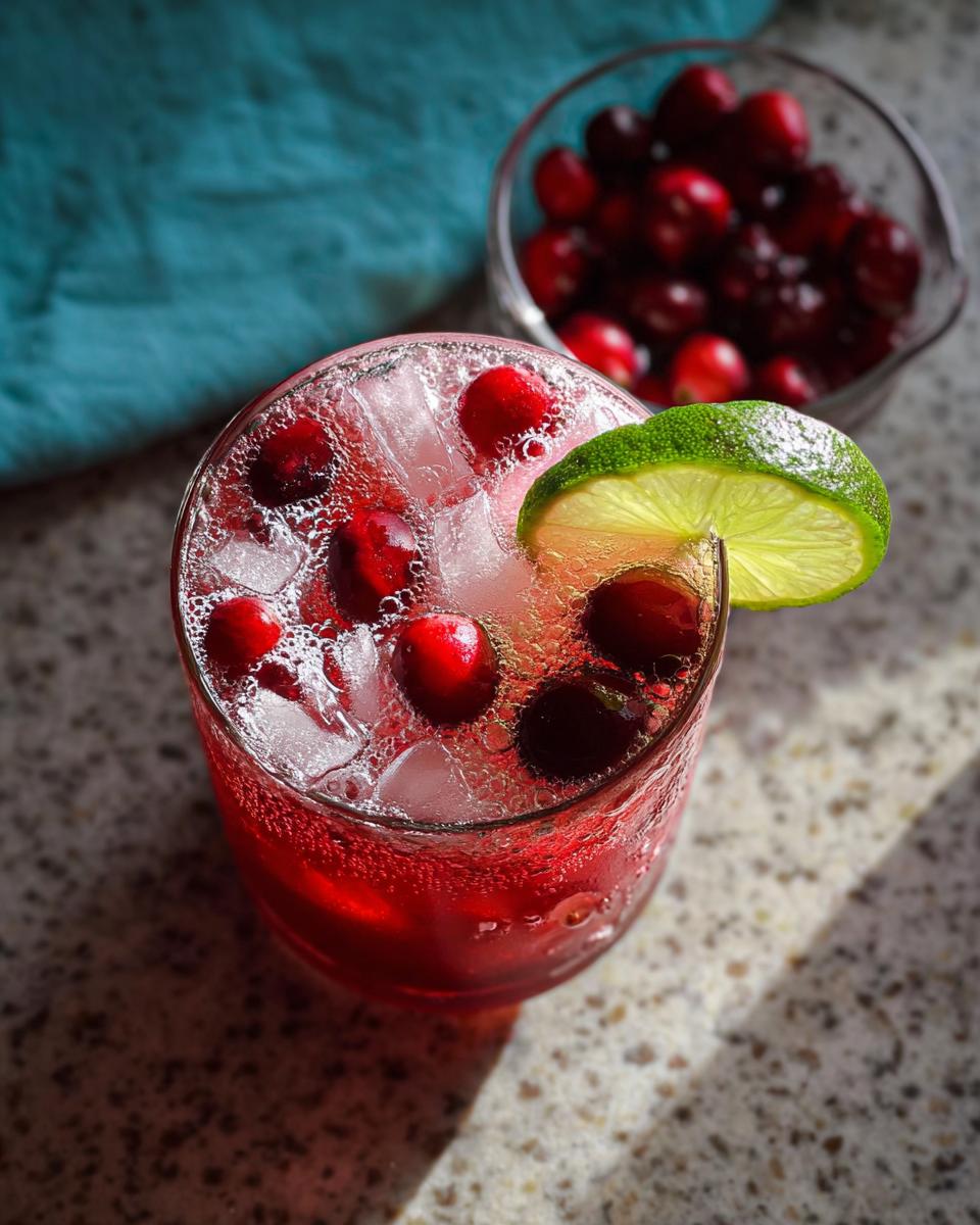 Close-up of a glass filled with bubbly red Ginger Ale Christmas Punch, ice, cranberries, and a lime wedge garnish.