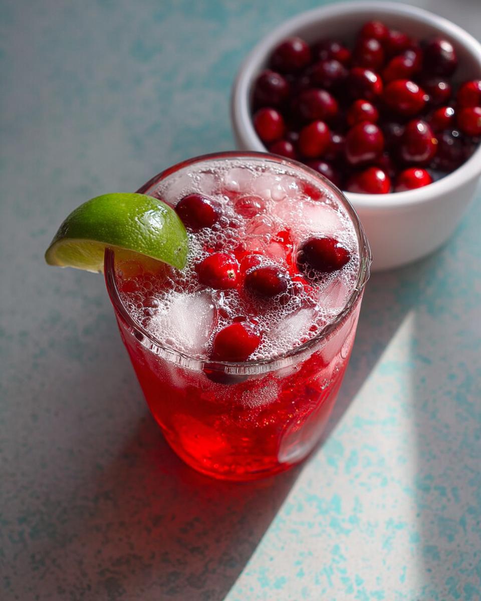 A glass of vibrant red Ginger Ale Christmas Punch, garnished with a lime wedge and floating cranberries and ice.
