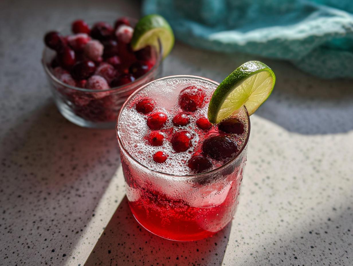 Close-up of a fizzy red Ginger Ale Christmas Punch garnished with cranberries and a lime slice.