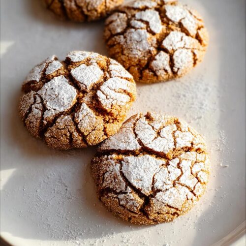 Close-up of delicious Ginger Crackle Cookies dusted with powdered sugar on a white plate.
