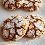 Close-up of two perfectly baked Ginger Crackle Cookies dusted with powdered sugar on a white platter.