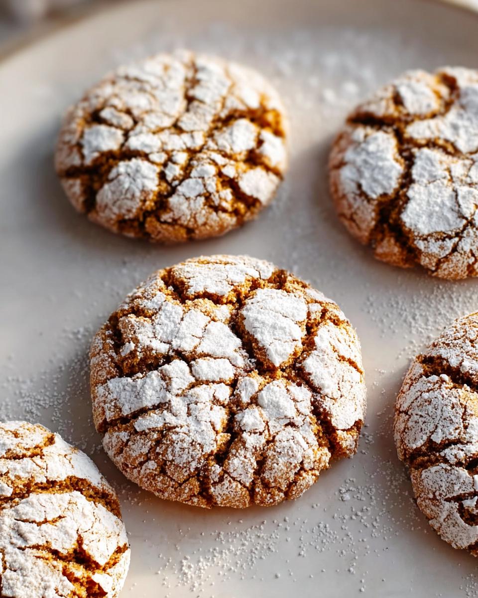 A close-up of several perfectly baked Ginger Crackle Cookies, dusted generously with powdered sugar, showing their signature cracked texture.
